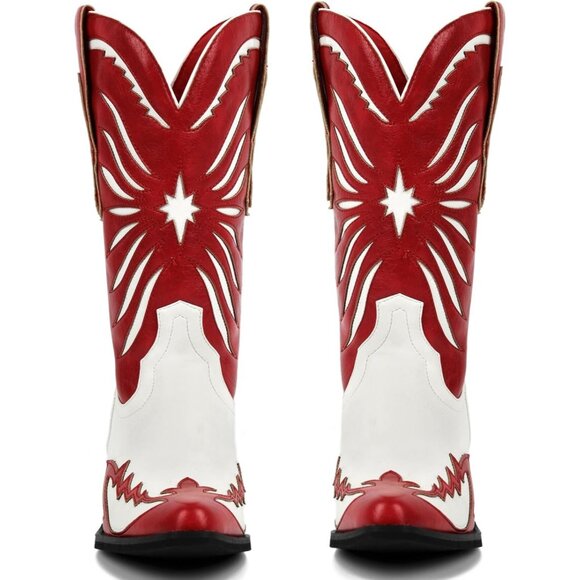 Women's Red Faux Leather Mid Calf Knee High Western Cowgirl Boots Pointed Toe - Picture 3 of 6